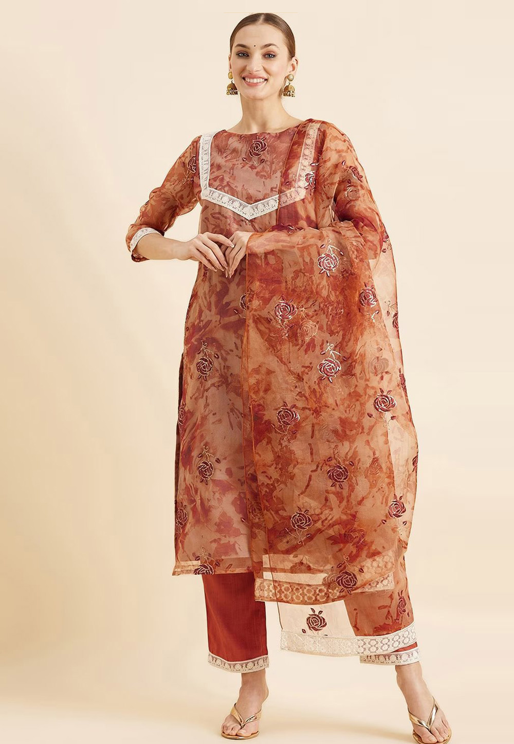 Rust Organza Readymade Pant Style Suit 272058