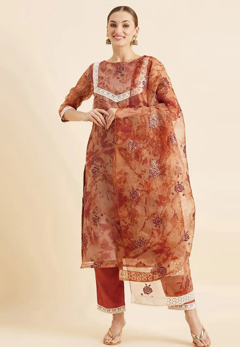 Rust Organza Readymade Pant Style Suit 272058