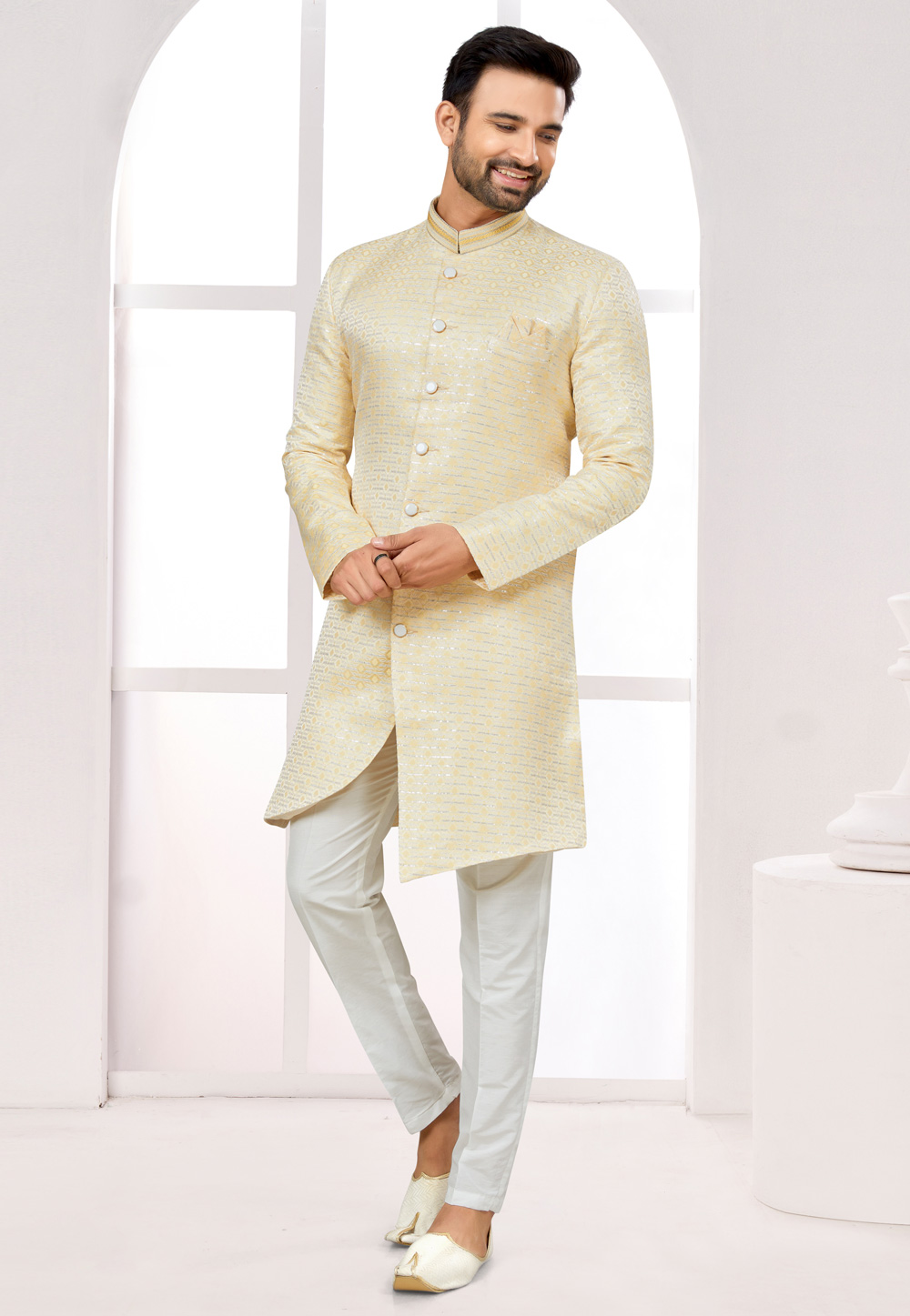 Cream Jacquard Indo Western Sherwani 274055