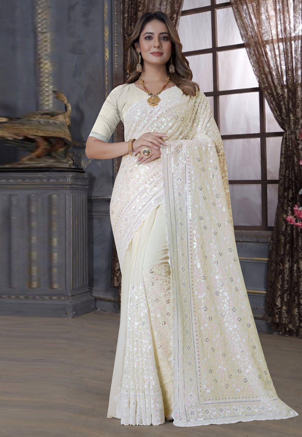Cream Georgette Sequence Saree 270242