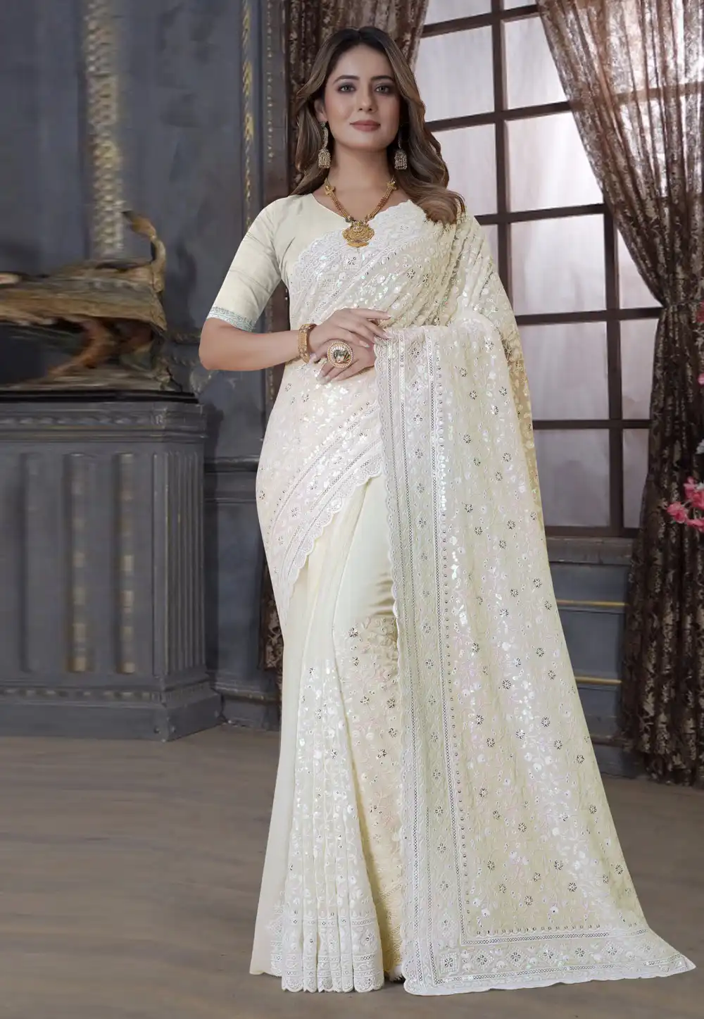Cream Georgette Sequence Saree 270242