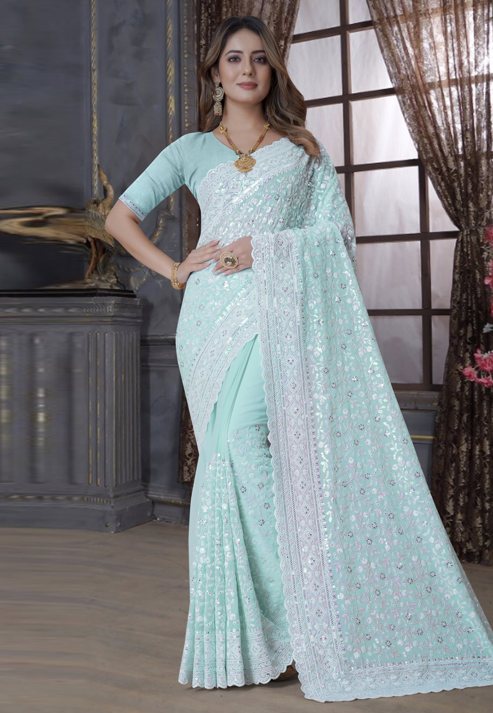 Sky Blue Georgette Sequence Saree 270244