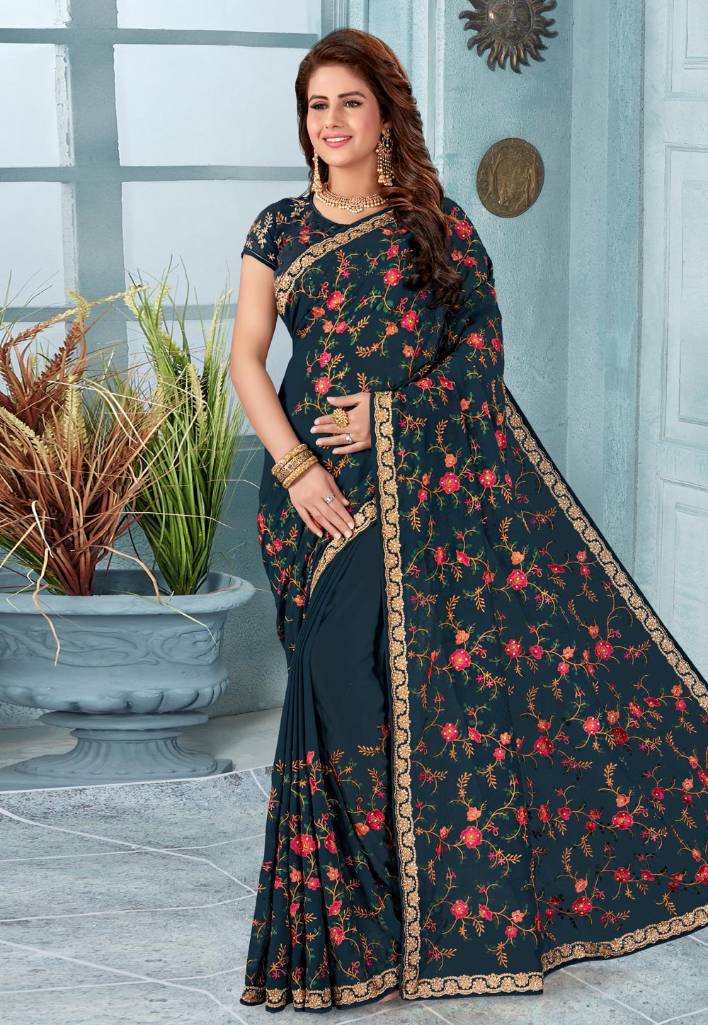 Dark Blue Georgette Saree With Blouse 196505