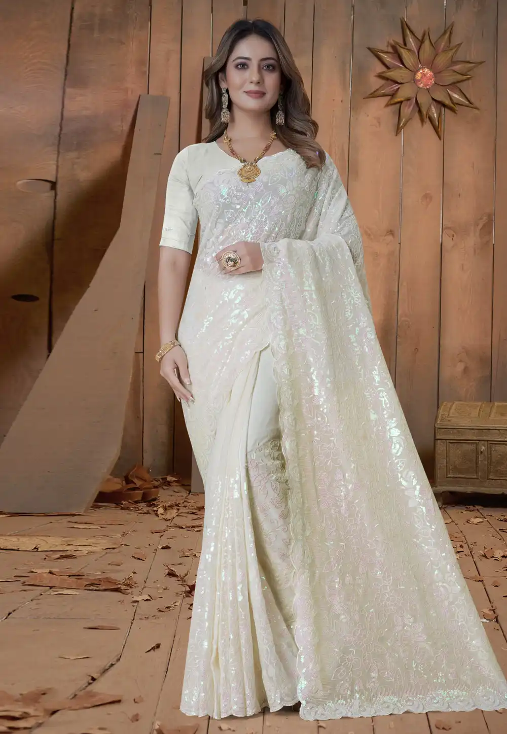 Cream Georgette Sequence Saree 270248