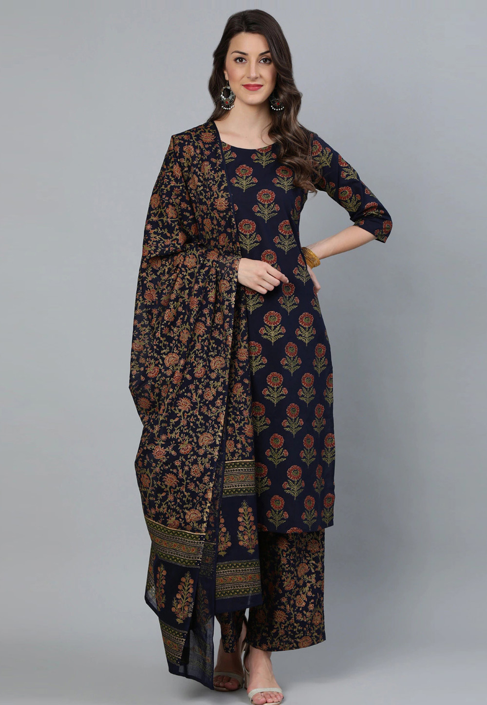 Navy Blue Cotton Readymade Pakistani Suit 275982