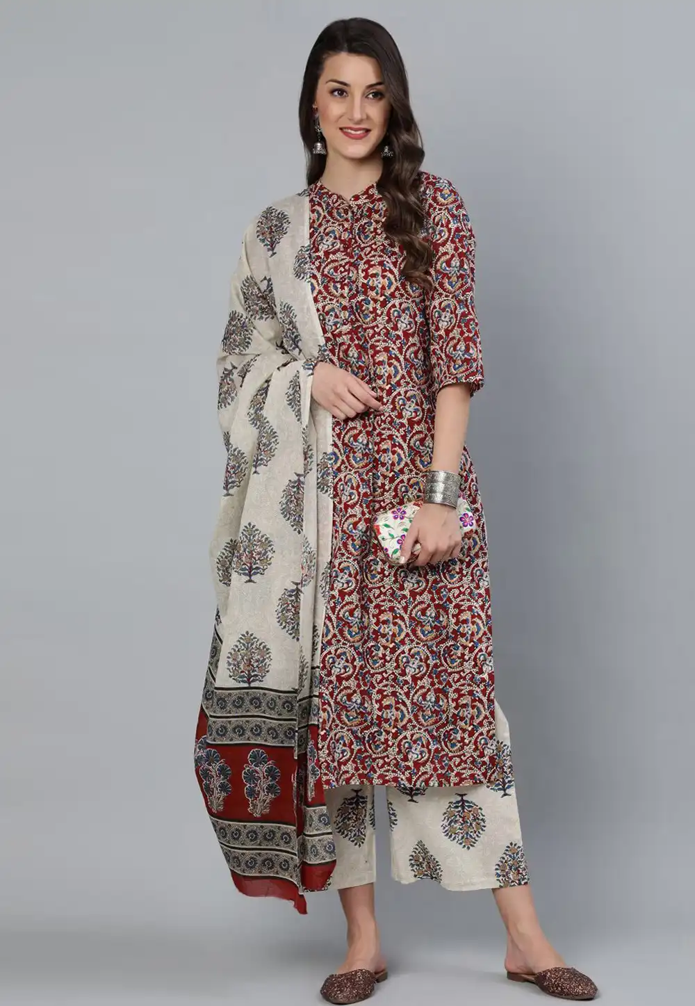 Maroon Cotton Readymade Palazzo Suit 275983