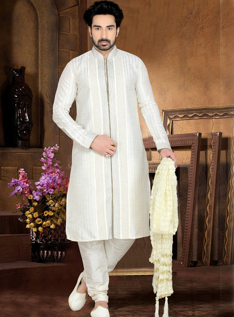 Off White Art Dupian Silk Kurta With Churidar 47809