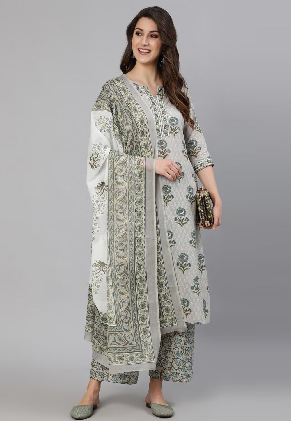 Grey Cotton Readymade Palazzo Suit 275987