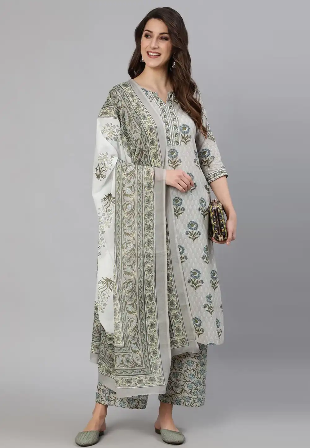 Grey Cotton Readymade Palazzo Suit 275987