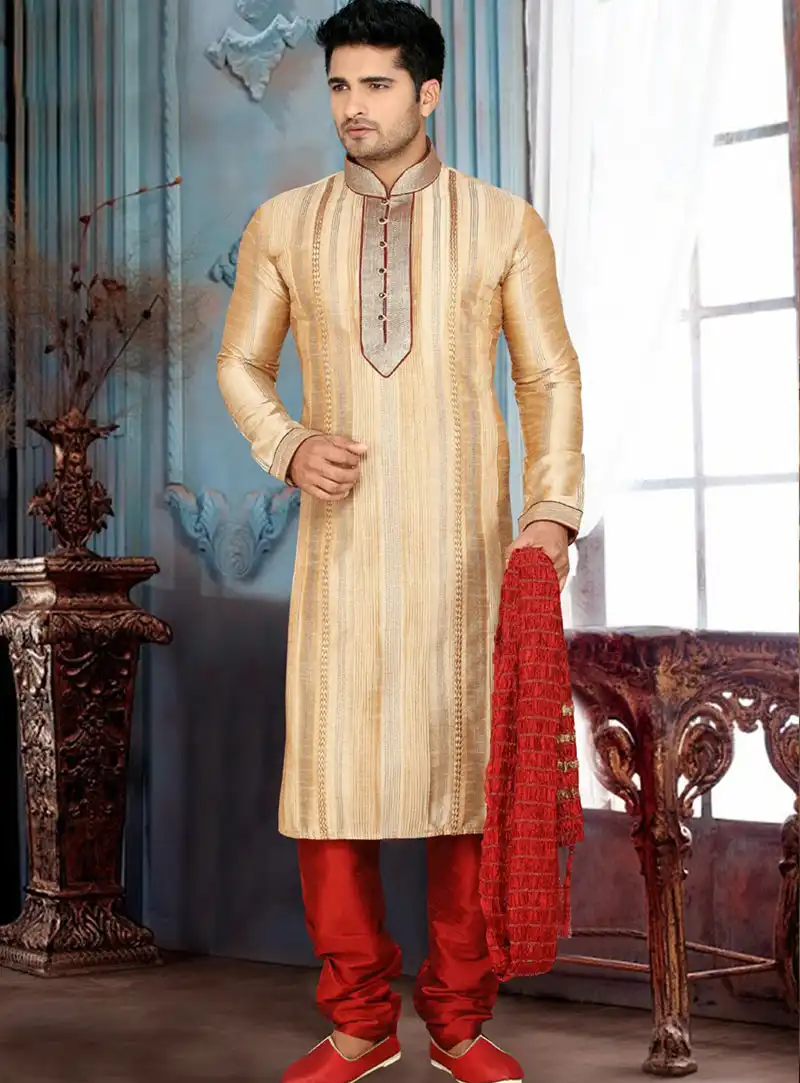 Cream Art Dupian Silk Kurta With Churidar 47810
