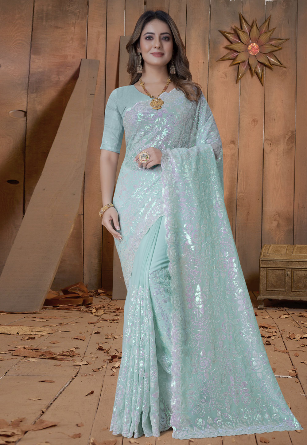 Sky Blue Georgette Sequence Saree 270250