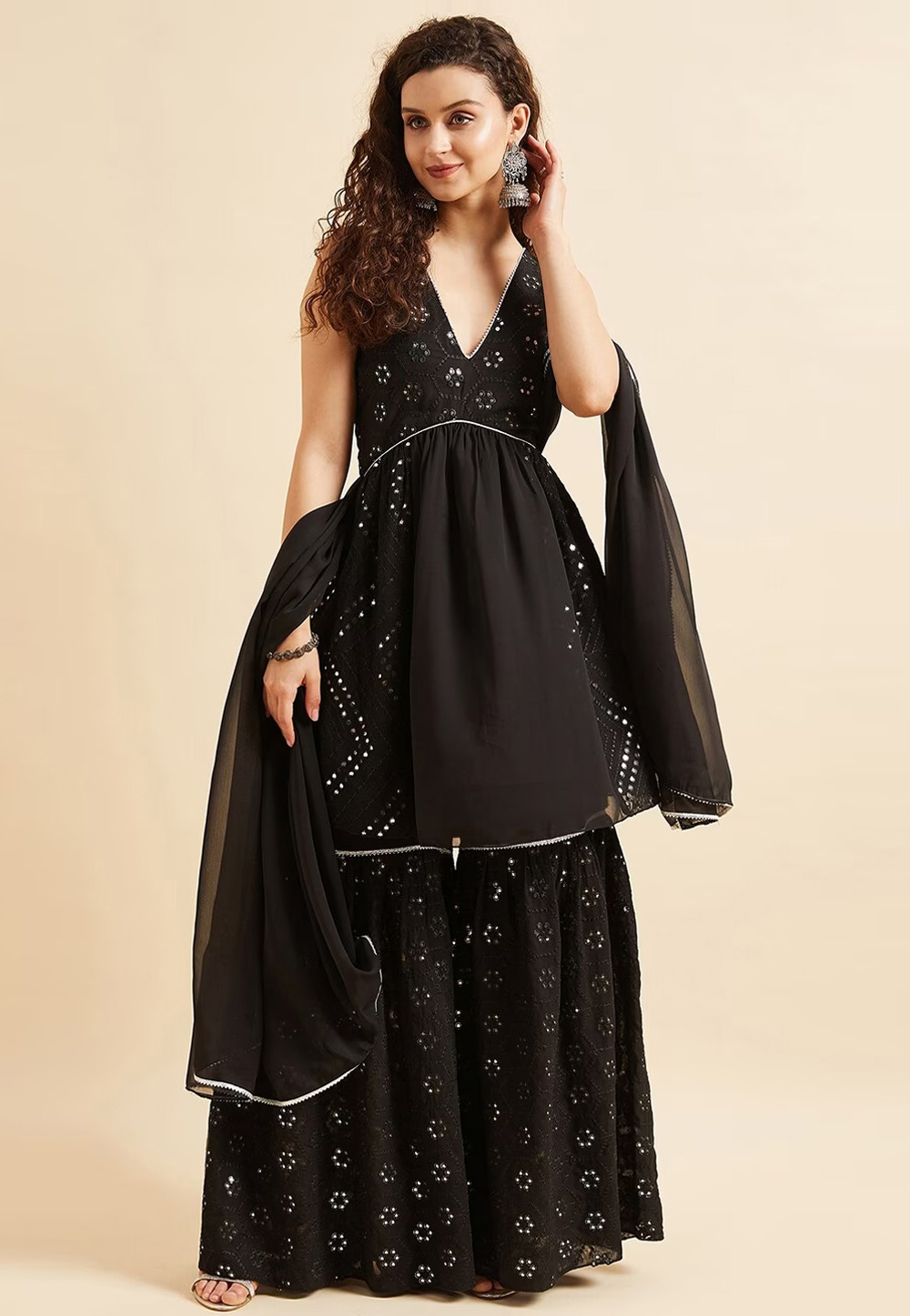 Black Georgette Readymade Sharara Suit 277445