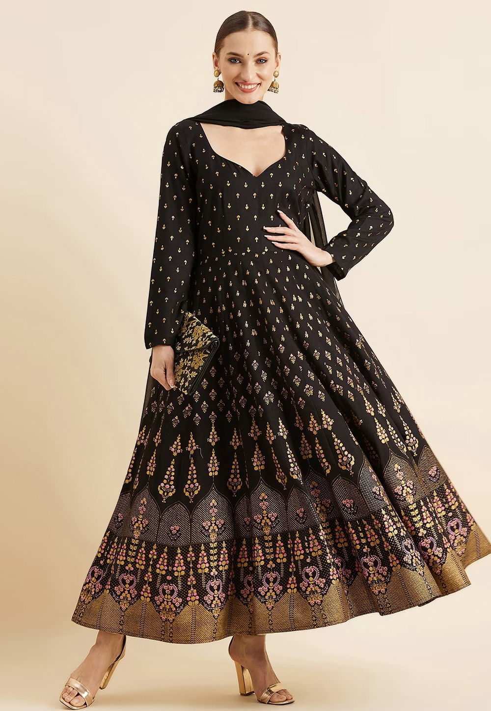 Black Viscose Rayon Readymade Anarkali Suit 277448