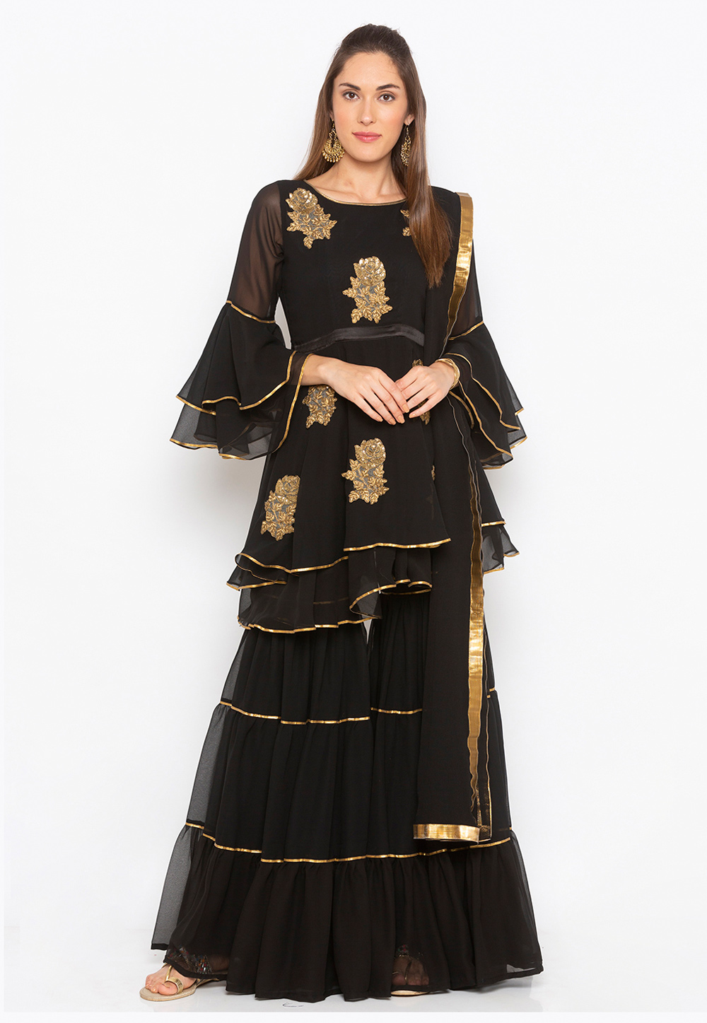 Black Georgette Readymade Sharara Suit 223491