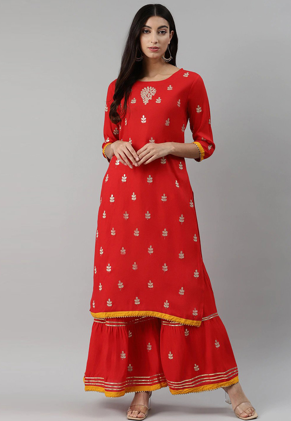 Red Rayon Kurta Set With Sharara 232103