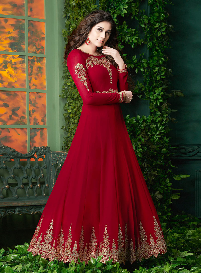 Maroon Faux Georgette Long Anarkali Suit 139106