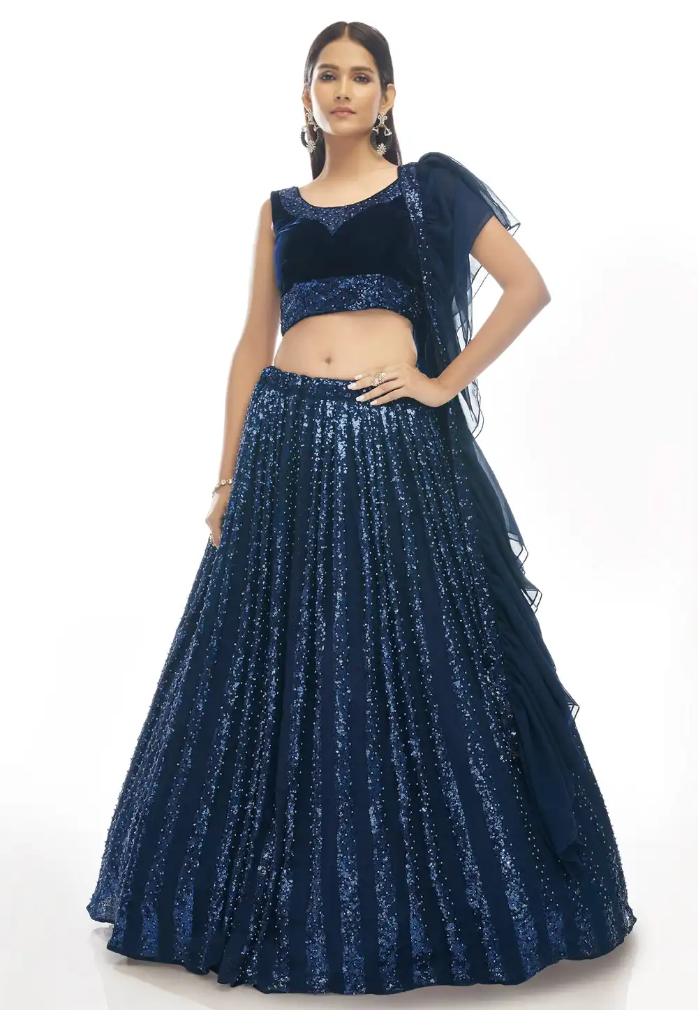 Navy Blue Velvet Sequence Lehenga Choli 247303
