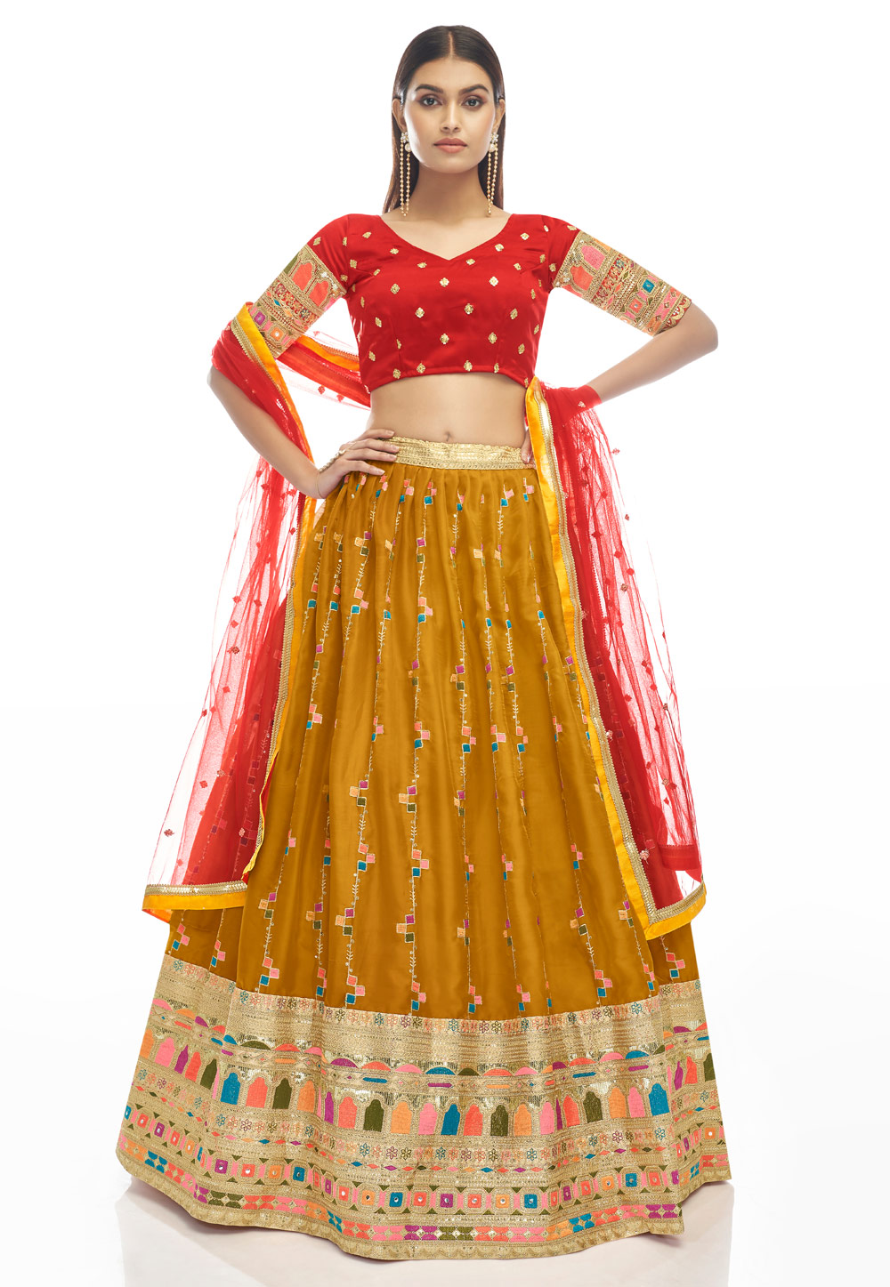 Mustard Satin Georgette A Line Lehenga Choli 247306