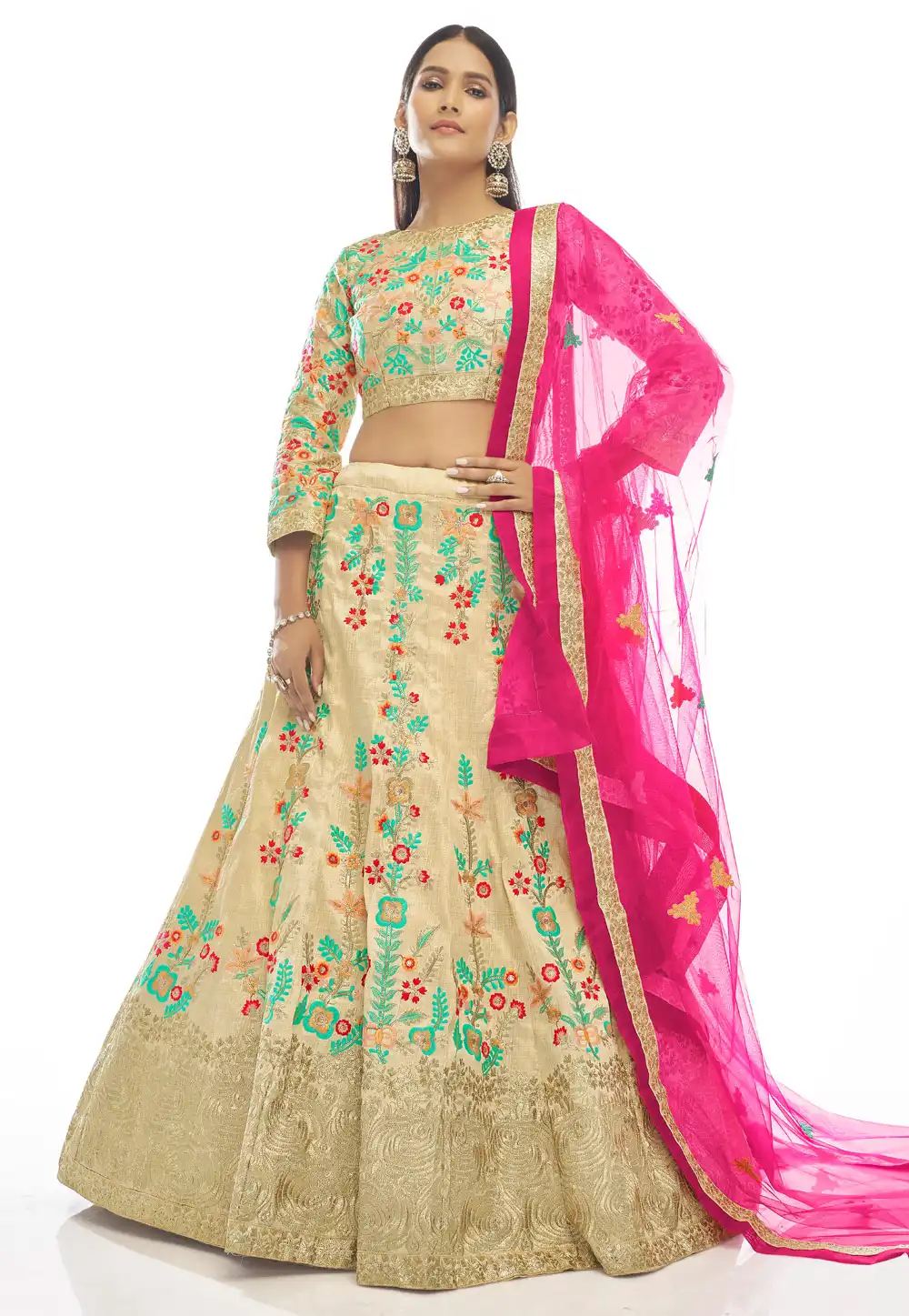 Cream Art Silk A Line Lehenga Choli 247307