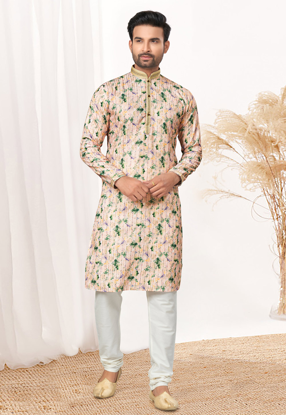 Peach Cotton Printed Kurta Pajama 274978