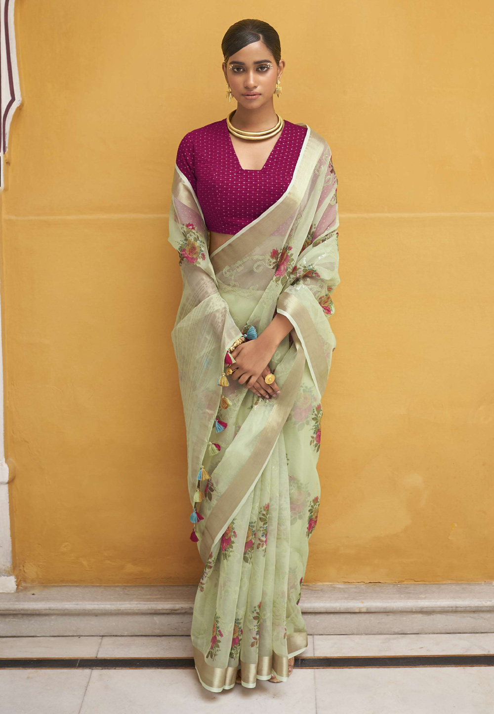 Pista Green Organza Saree With Blouse 250728