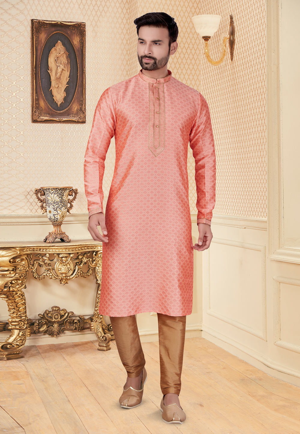 Peach Jacquard Kurta Pajama 251175
