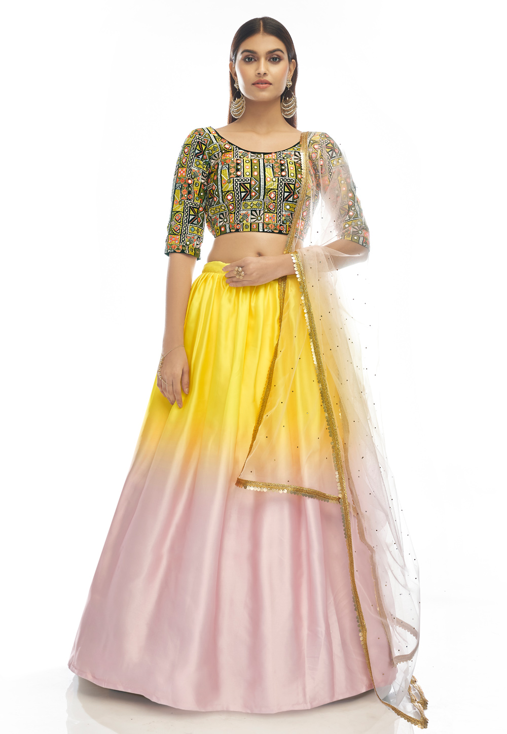 Yellow Satin Georgette A Line Lehenga Choli 247310