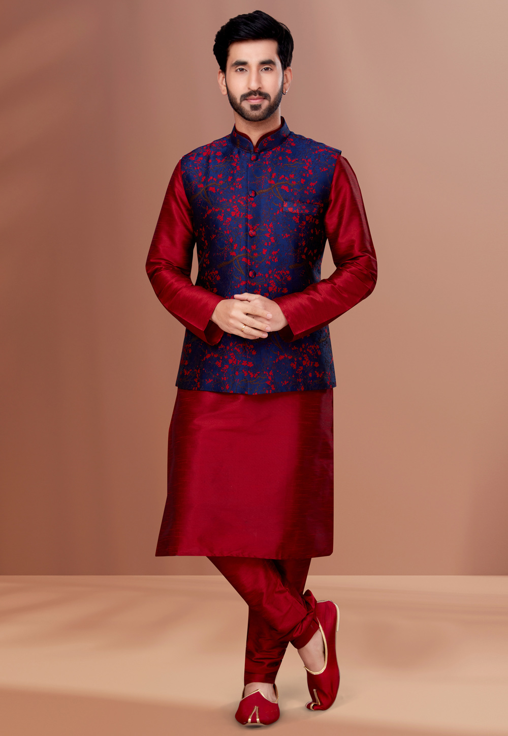 Maroon Banarasi Kurta Pajama With Jacket 256873