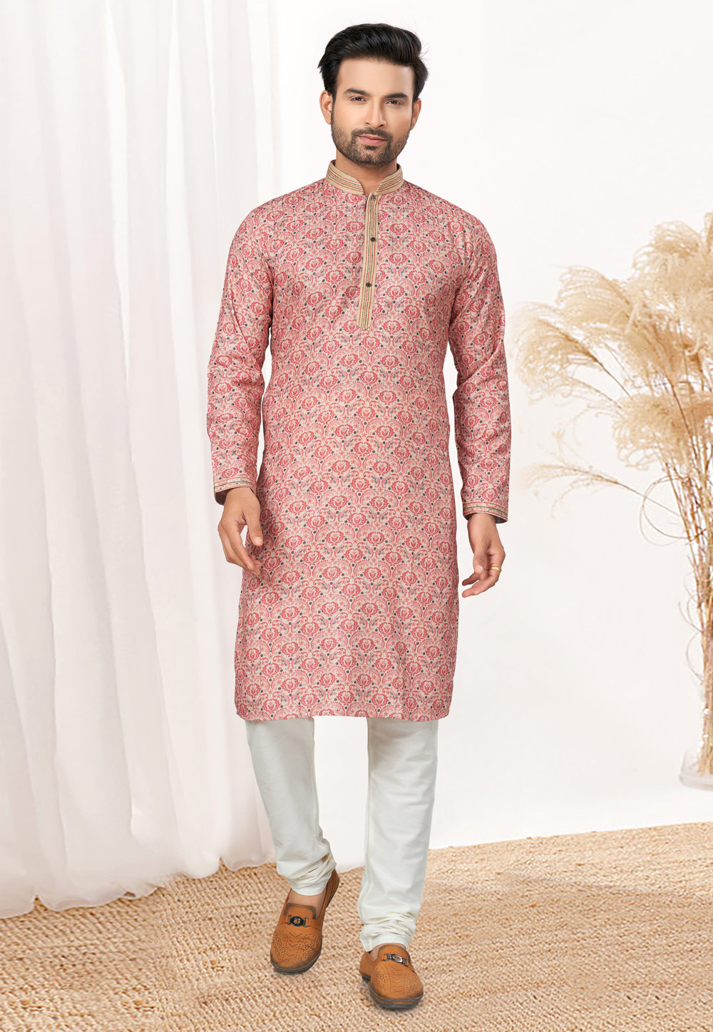 Pink Cotton Printed Kurta Pajama 274979