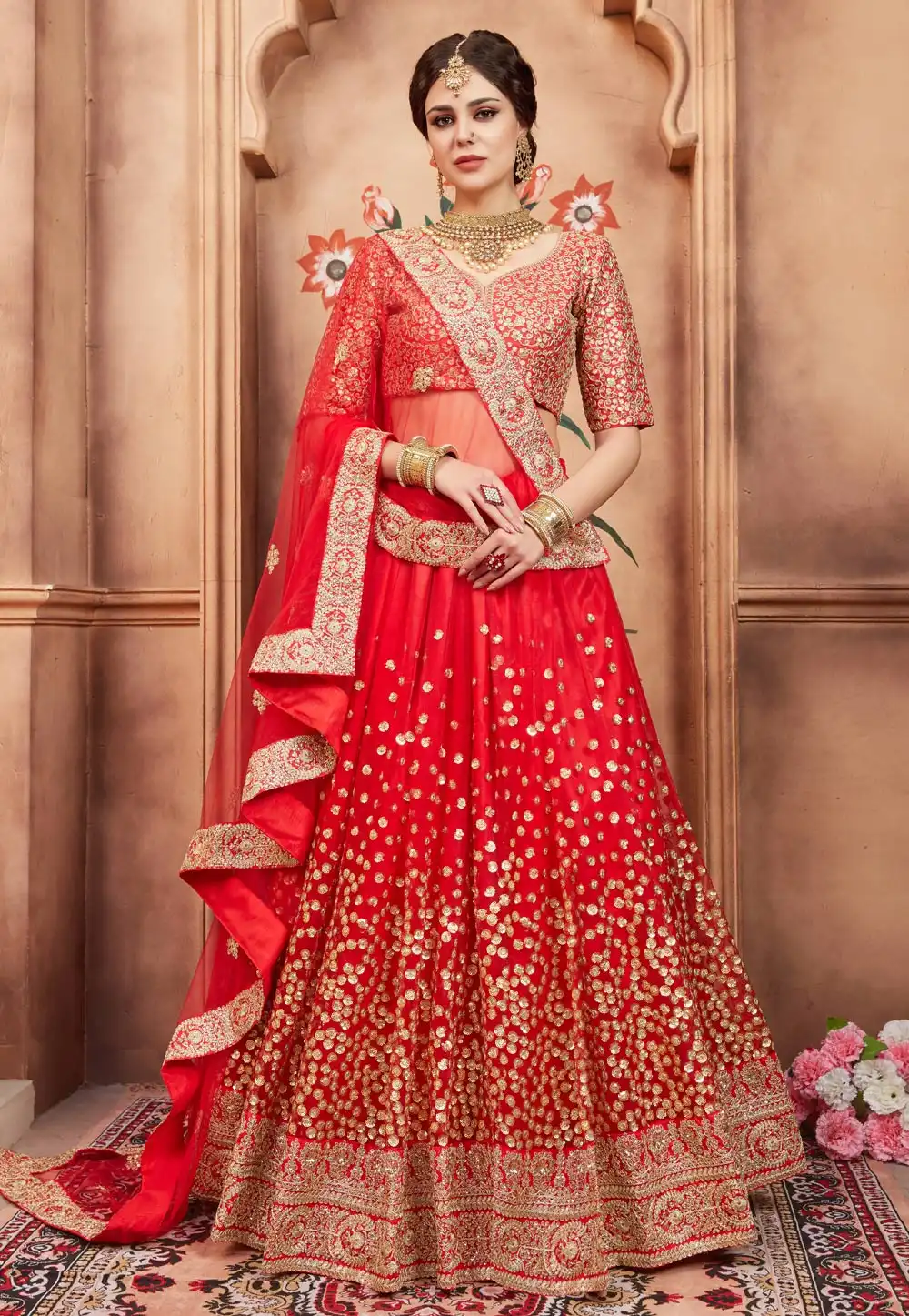 Red Net Embroidered Circular Lehenga Choli 164657