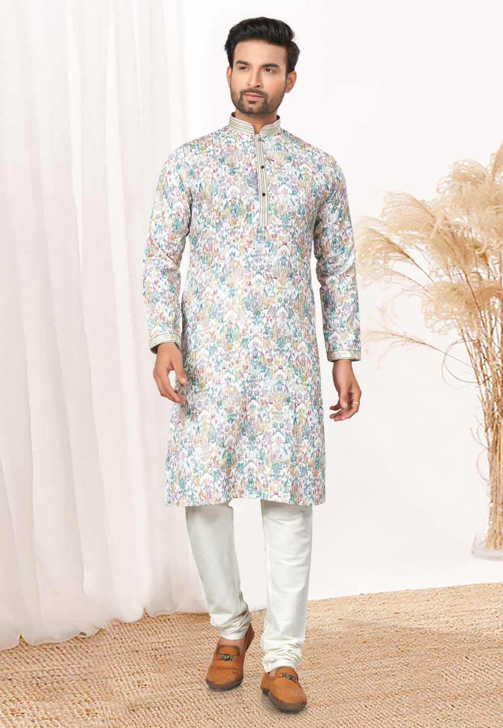 White Cotton Printed Kurta Pajama 274980