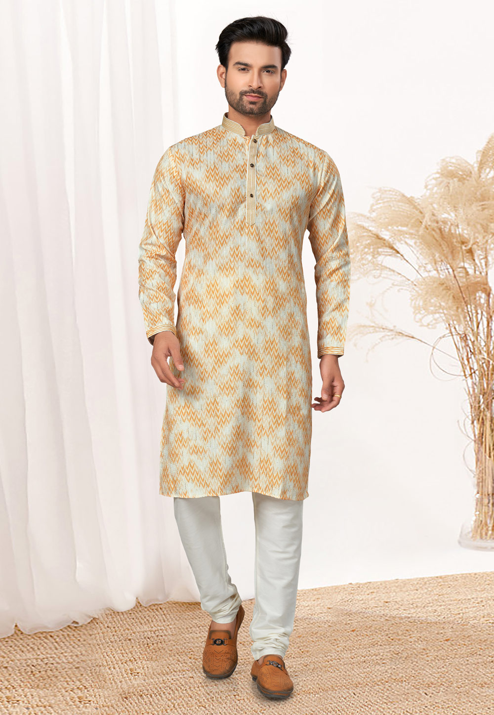 Off White Cotton Printed Kurta Pajama 274981