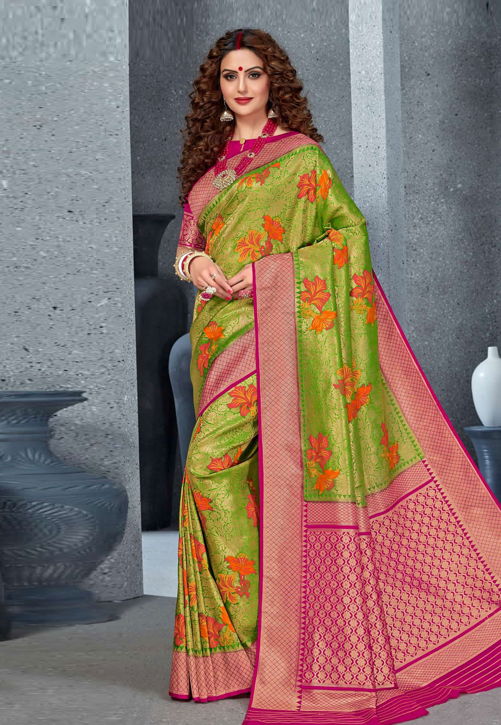 Green Brocade Silk Saree With Blouse 210215
