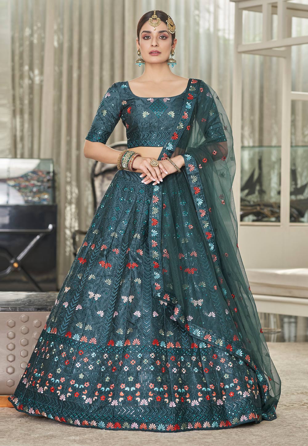 Teal Silk A Line Lehenga Choli 248044