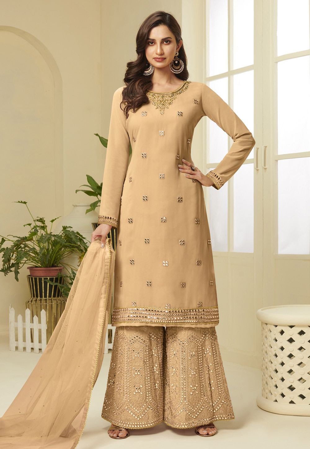 Beige Georgette Kameez With Palazzo 222149
