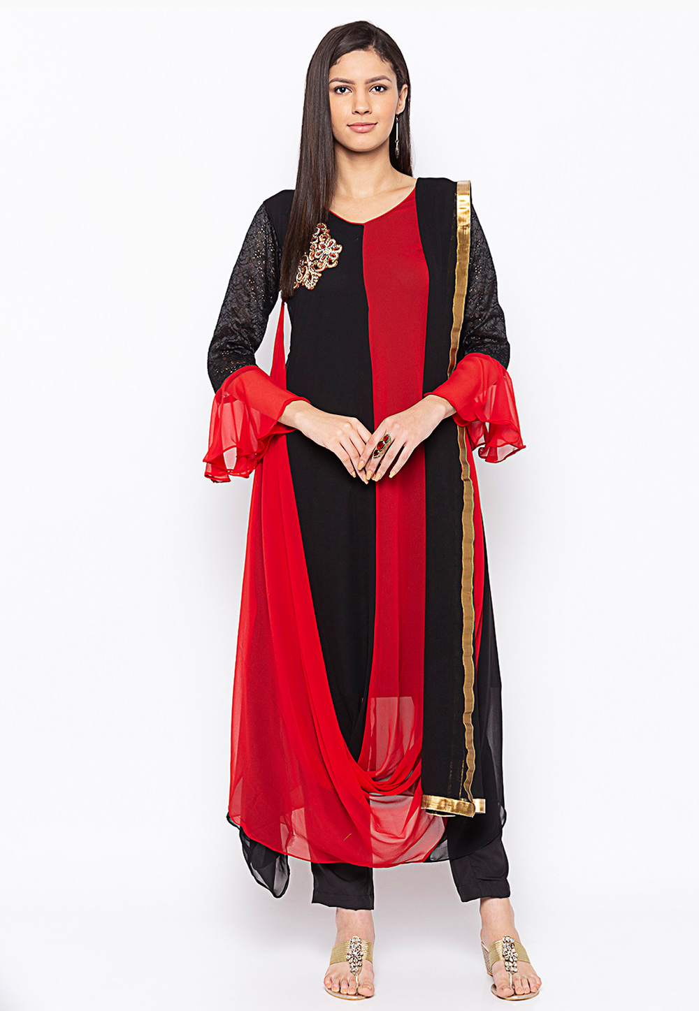 Black Georgette Readymade Pant Style Suit 235552