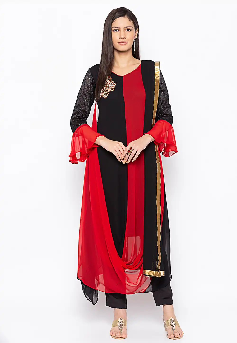 Black Georgette Readymade Pant Style Suit 235552