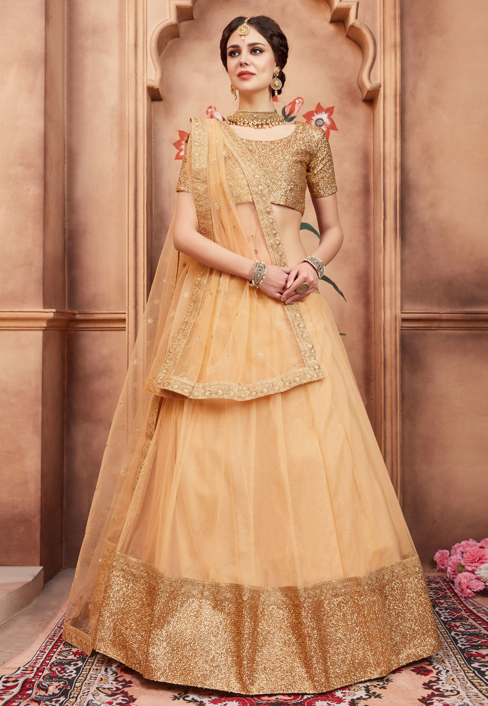 Beige Net Embroidered Circular Lehenga Choli 164660