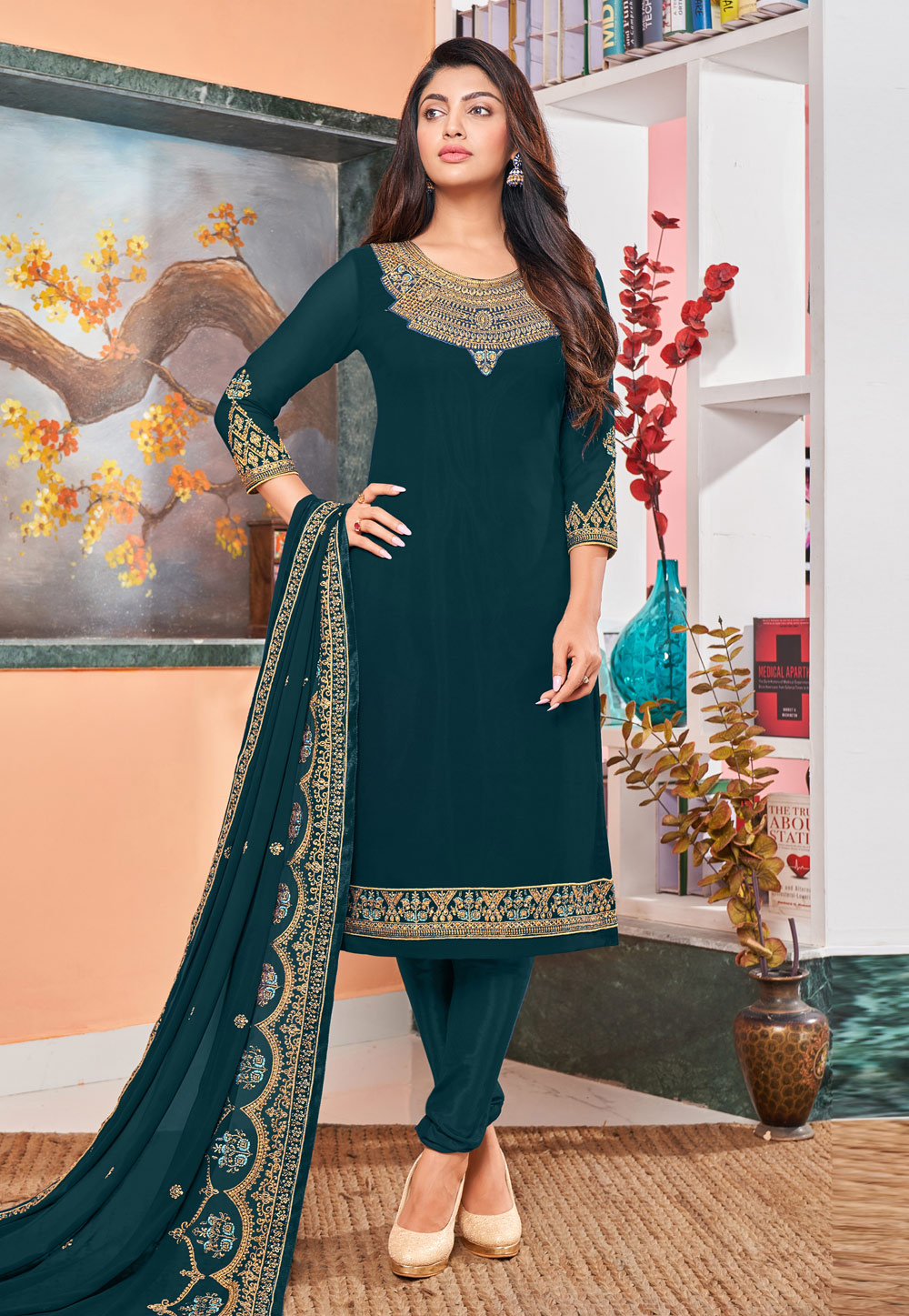 Teal Faux Georgette Churidar Suit 237370
