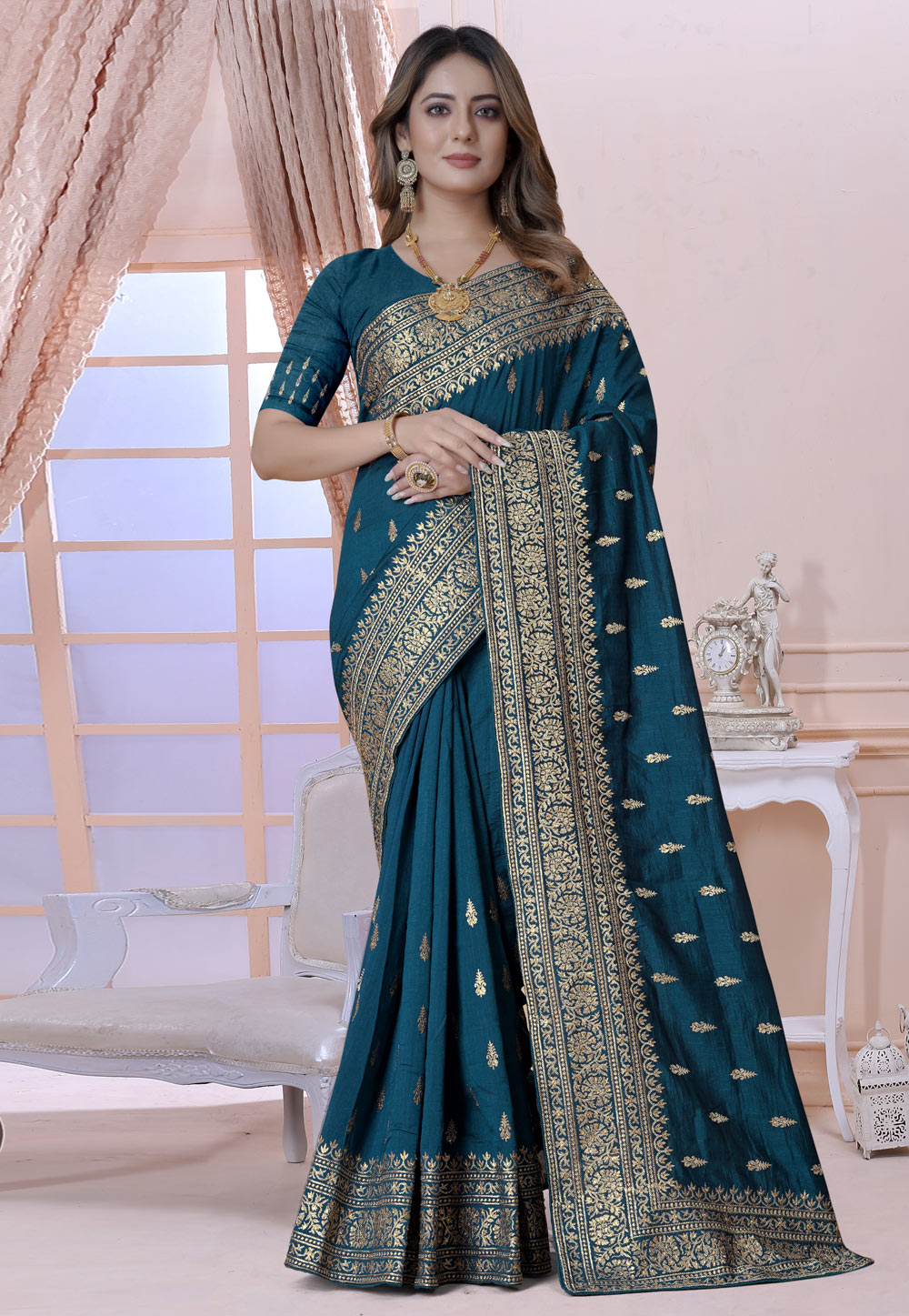 Teal Silk Saree With Blouse 270535