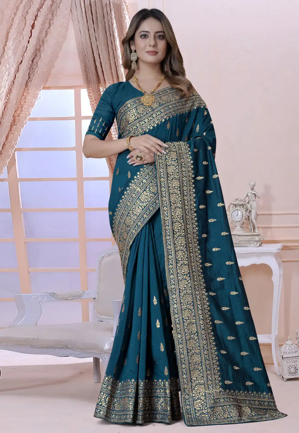 Teal Silk Saree With Blouse 270535