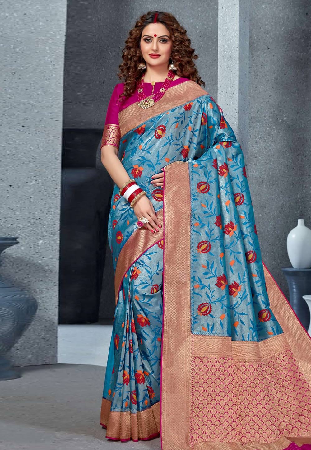 Blue Brocade Silk Saree With Blouse 210217