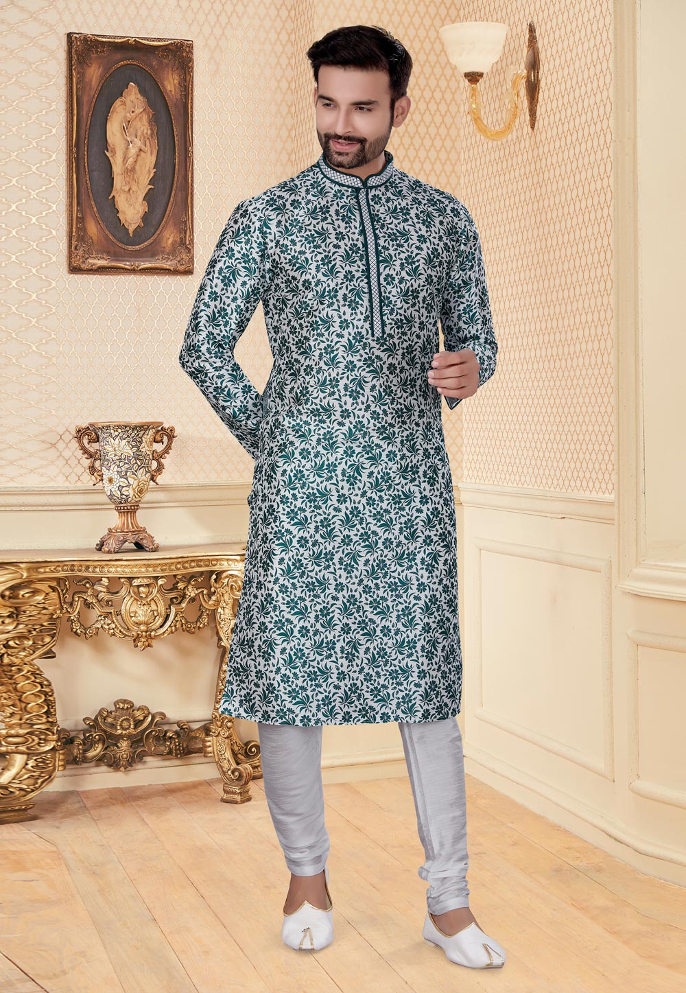Green Silk Kurta Pajama 251180