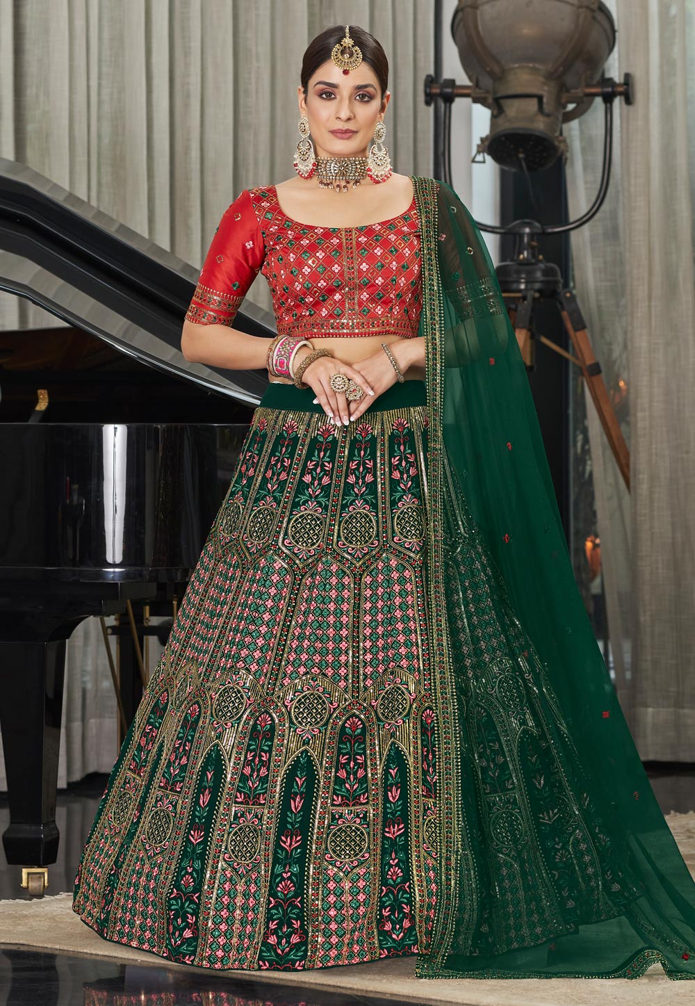 Green Georgette A Line Lehenga Choli 248046