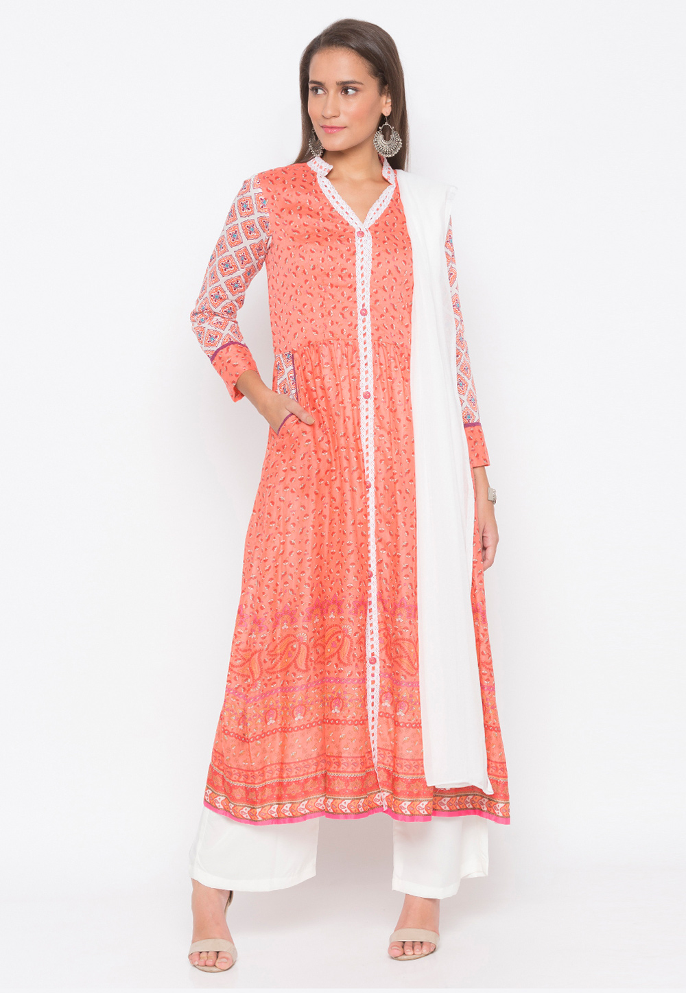 Peach Cotton Readymade Kameez With Palazzo 223493