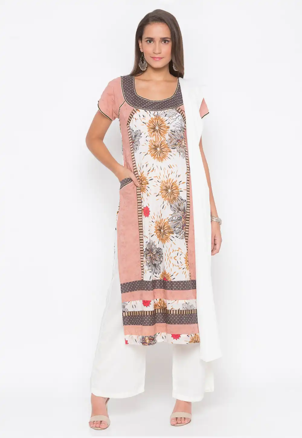 Peach Cotton Readymade Palazzo Suit 223494