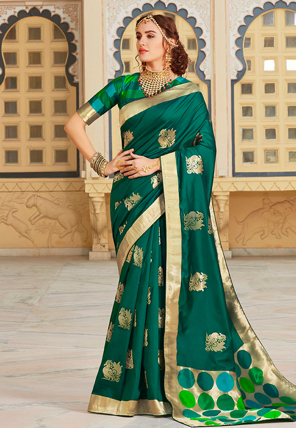 Teal Green Silk Saree With Blouse 199768