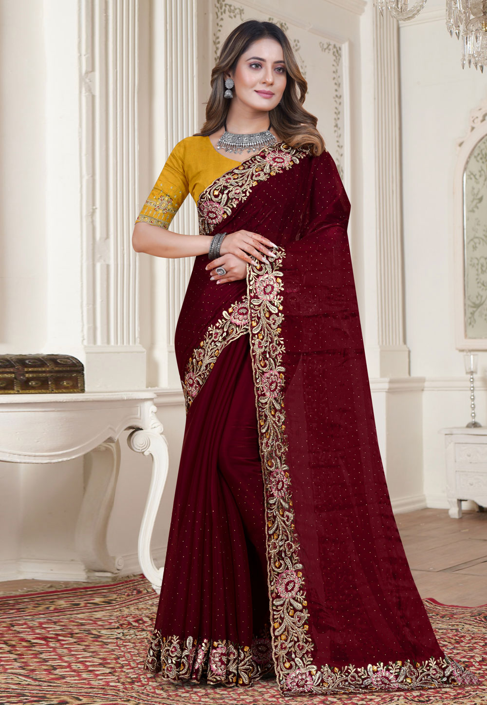 Maroon Satin Silk Saree With Blouse 270645