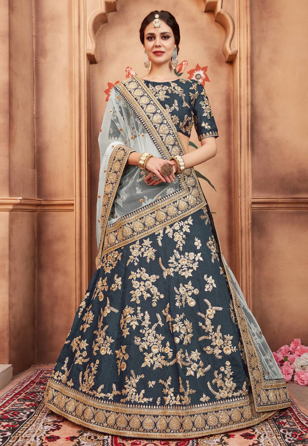 Dark Grey Art Silk Circular Lehenga Choli 164667