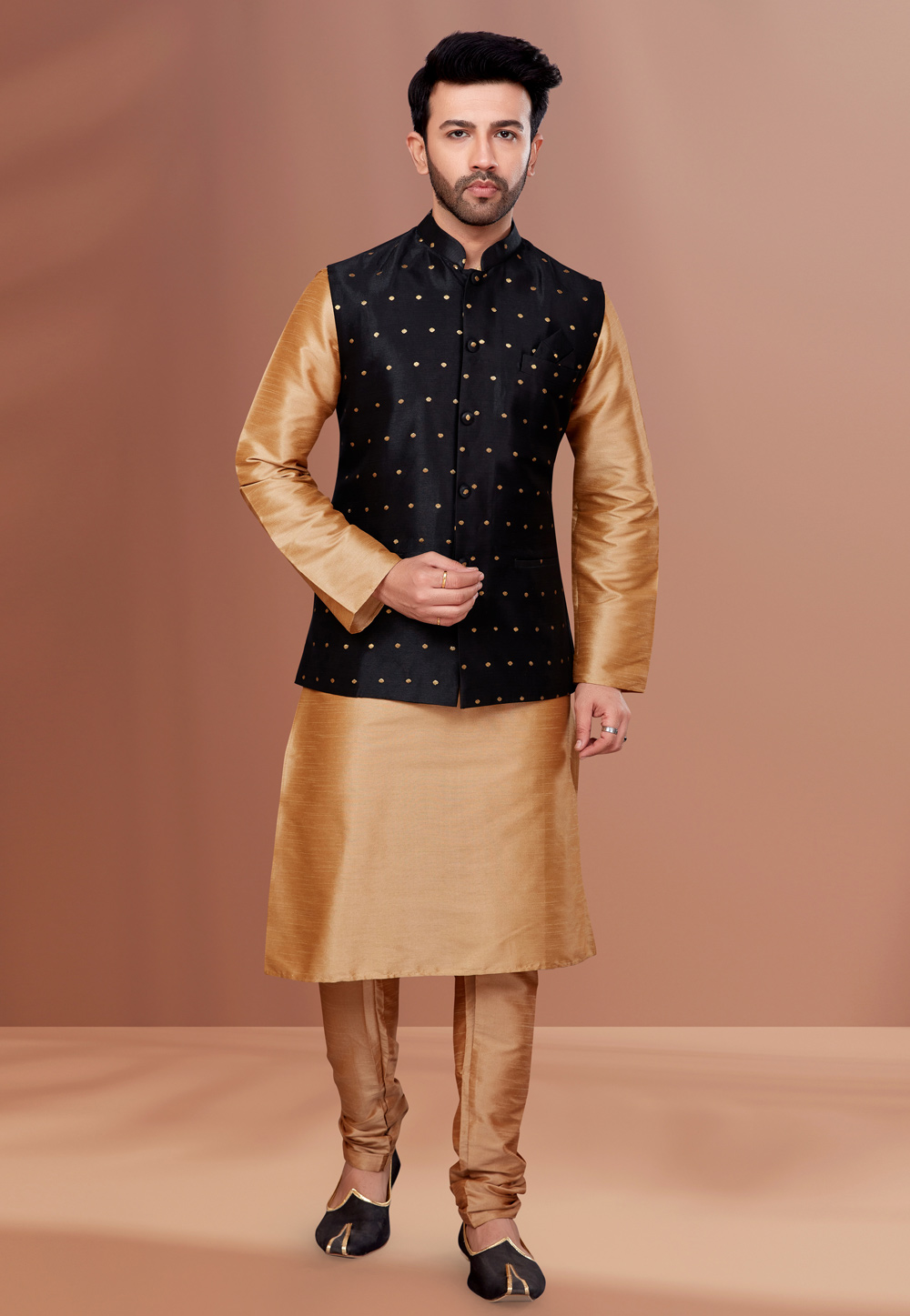 Beige Banarasi Kurta Pajama With Jacket 256884